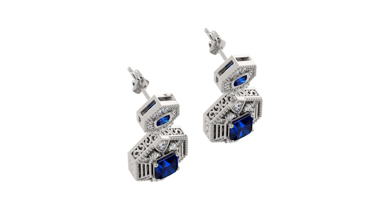 Diamond and Emerald Cut Sapphire Earrings