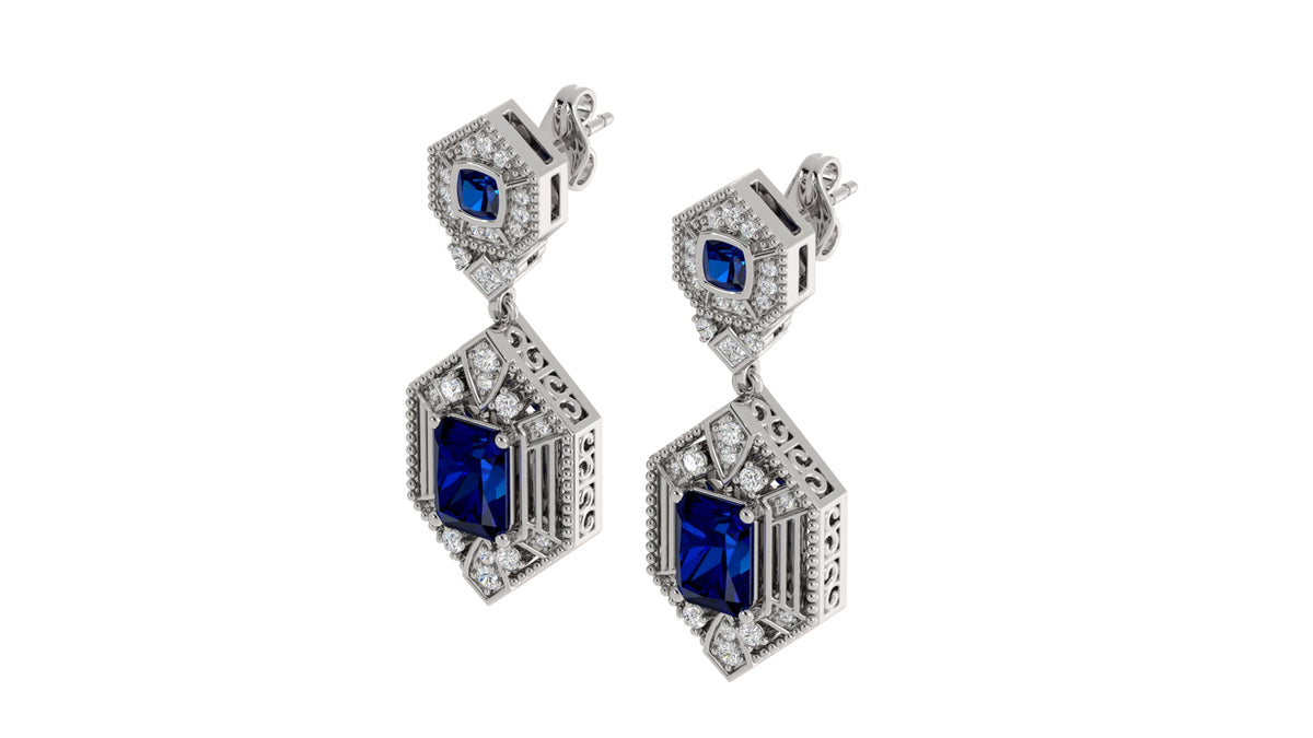 Diamond and Emerald Cut Sapphire Earrings