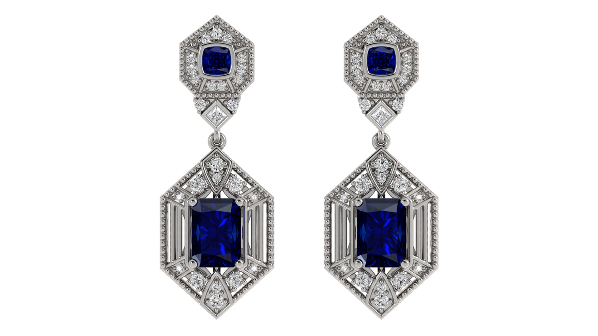 Diamond and Emerald Cut Sapphire Earrings